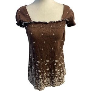 Mikk Couture Brown and White Boho Sleeveless Y2K Top Size Small Floral Stretch